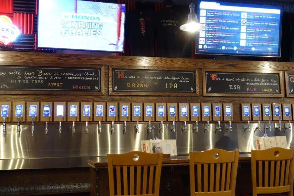 40 beer taps line the wall, labeled by type, stout, porter, browns, IPAs, Ales, Lagers.  Two large TVs are above the taps, one has a hockey game on, and the other is a menu of all the beers on tap. 