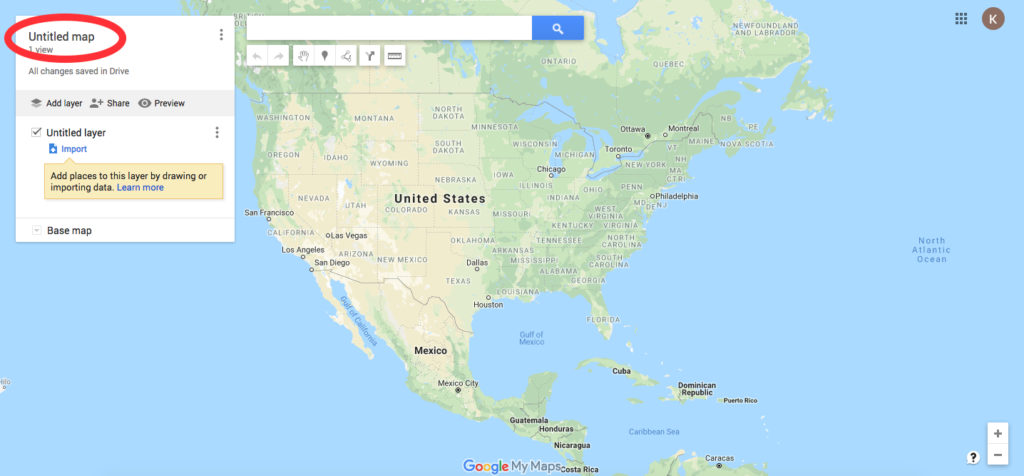 Rename your new travel map by clicking untitled map in the top left corner
