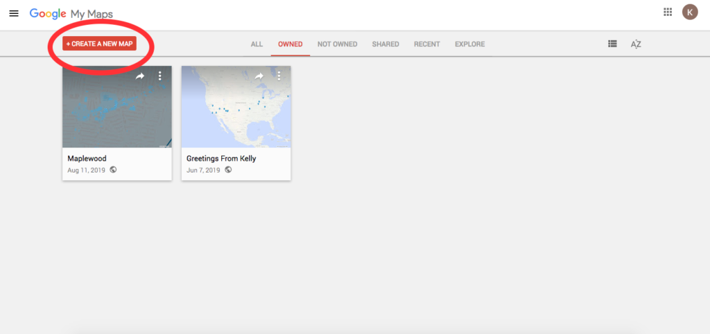 Create a Travel Planning Map in Google My Map.  Click Create New Map in top left corner