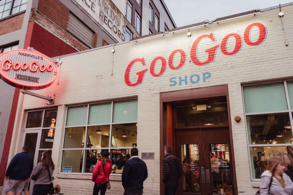 The GooGoo Shop in Downtown Nashville, home of the GooGoo Cluster, a signature Nashville treat! The perfect place to grab a delicious dessert and a must see on our Nashville Weekend Itinerary