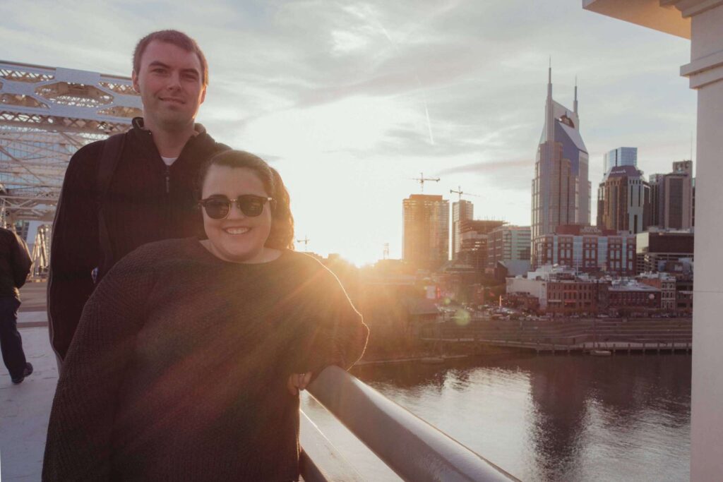 A beautiful view of the Nashville Skyline on the John Seigenthaler Pedestrian Bridge in Nashville Tennessee