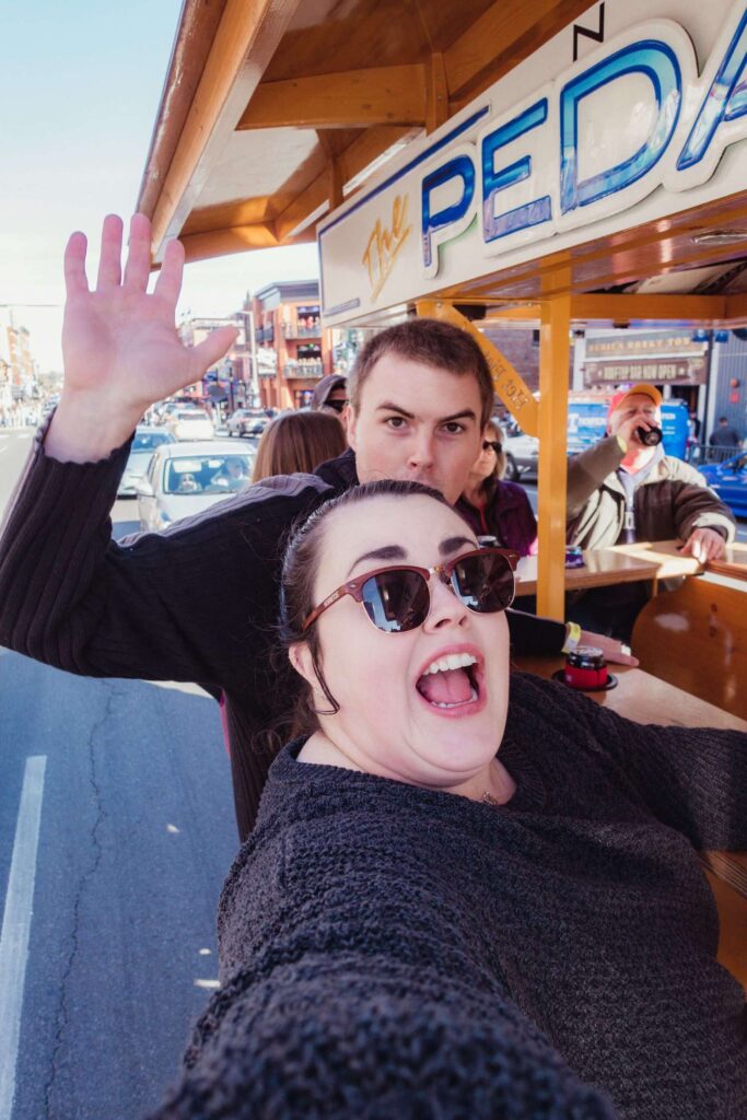 Us having a blast on the Pedal Tavern in Nashville. A must see stop on our Nashville Weekend Itinerary.