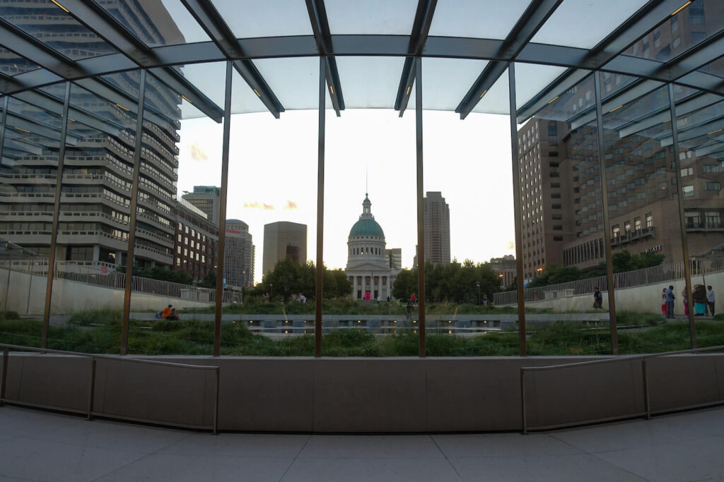 A view of the Old Courthouse from inside of the Arch at Gateway Arch National Park