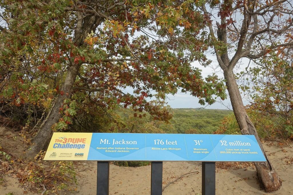 A Sign at the top of Mount Jackson that says 176 Feet, 31 degree elevation, 3 dune challenge.
