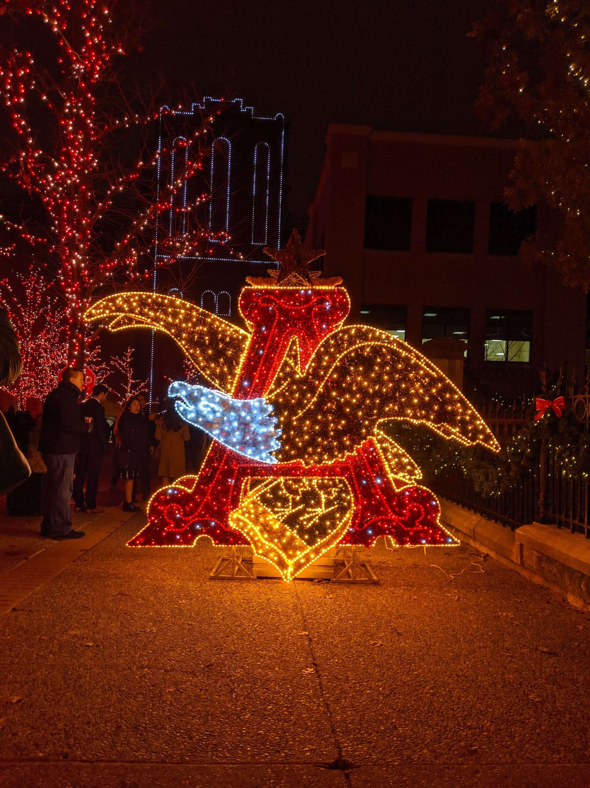 The Anheuser-Busch logo (an Eagle flying across an A) made up completely of Christmas lights.